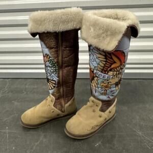 Vintage Ed Hardy "Born Free" Tattoo-Inspired Suede Boots - Size 6